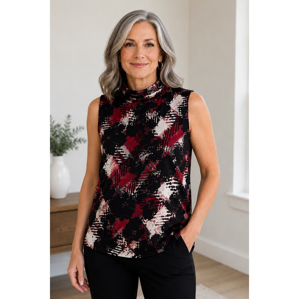 St. John Silk Sleeveless Mock Neck Top Abstract Print Burgundy Black Sz 6